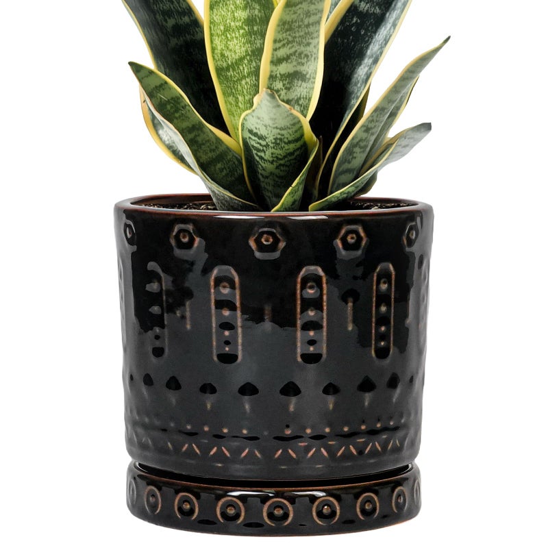 Eightpot Ceramic Plant Pots - 6 Inch Ceramic Planter for Indoor Outdoor, Round Flower Pots with Drainage Hole and Plant Saucer, Boho Decorative Small Planter, House Decor, Gifts for Gardeners, Black - Image 1
