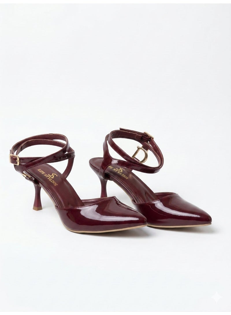 LIFESTYLISH Shoes Heels Leather Glossy Elegant F-623 - Burgundy - Image 4
