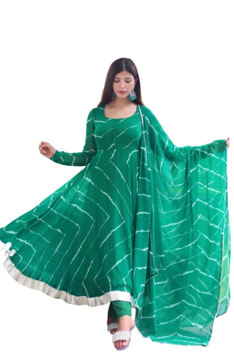 KD Women Pure Georgette Floral Print Anarkali Kurta Set with Pant and Dupatta Anarkali Kurti for Women (IN, Alpha, S, Regular, Green) - Image 1