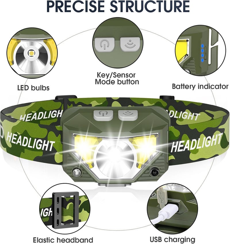 LHKNL Headlamp Flashlight, Lumen Ultra-Light Bright LED Rechargeable Headlight with White Red Light,2-Pack Waterproof Motion Sensor Head Lamp,8 Mode for Outdoor Camping Running Fishing- Green - Image 2