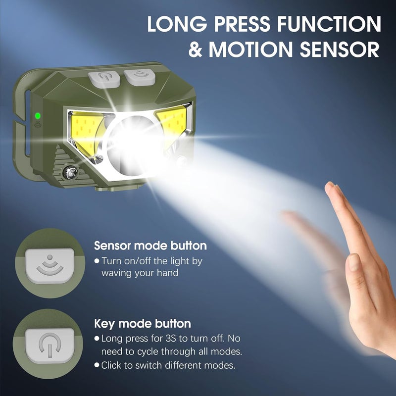 LHKNL Headlamp Flashlight, Lumen Ultra-Light Bright LED Rechargeable Headlight with White Red Light,2-Pack Waterproof Motion Sensor Head Lamp,8 Mode for Outdoor Camping Running Fishing- Green - Image 3