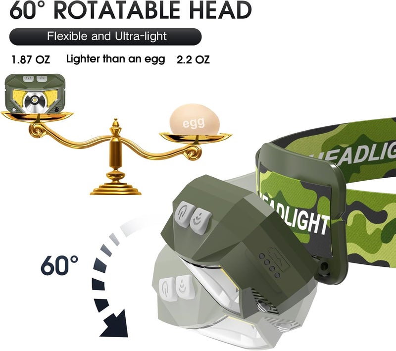 LHKNL Headlamp Flashlight, Lumen Ultra-Light Bright LED Rechargeable Headlight with White Red Light,2-Pack Waterproof Motion Sensor Head Lamp,8 Mode for Outdoor Camping Running Fishing- Green - Image 5