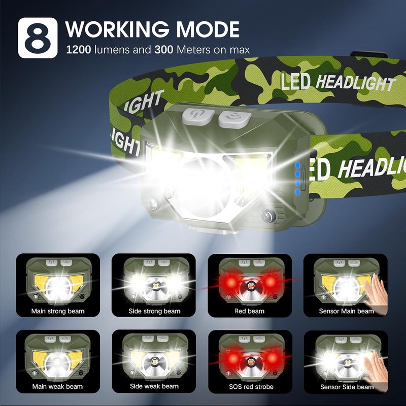 LHKNL Headlamp Flashlight, Lumen Ultra-Light Bright LED Rechargeable Headlight with White Red Light,2-Pack Waterproof Motion Sensor Head Lamp,8 Mode for Outdoor Camping Running Fishing- Green - Image 4