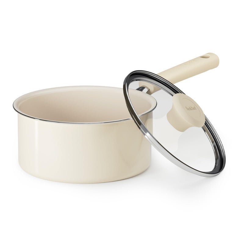 Redchef Ceramic Nonstick Saucepan with Lid 25QT Small Cooking Pot Non Toxic Sauce Pans for Kitchen Cool Handle PFAS Free Compatible with All Cooktops White