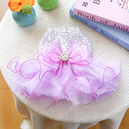 Furbabycare® Elegant Sweet Puppy Dog Blingbling Princess Skirt Pet Dog Lace Cake Camisole Tutu Dress A-Purple Small - Image 3