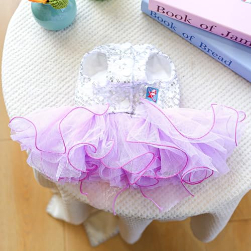 Furbabycare® Elegant Sweet Puppy Dog Blingbling Princess Skirt Pet Dog Lace Cake Camisole Tutu Dress A-Purple Small - Image 4