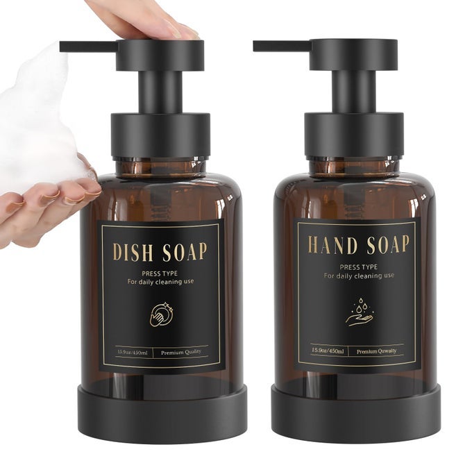 FOAMING SOAP DISPENSER GLASS FOAM PUMP SOAP DISPENSER NONSLIP HAND SOAP BOTTLE WITH 5 WATERPROOF LABELS 15 OZ REFILLABLE LIQUID SOAP BOTTLE FOR BATHROOM KITCHEN AMBER 2 PACK