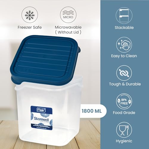 FLAIR Storewell Square Food Storage Containers Set of 4 (1800 ML)- Blue, Air Tight Containers for Kitchen Storage Ideal kitchen box for Rice, Atta and Grains, BPA-Free, Food Grade - Image 2
