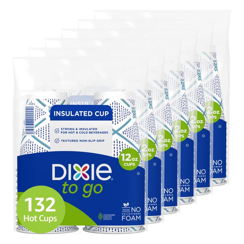 Dixie To Go Paper Coffee Cups 12 oz 132 ct Disposable Insulated Paper Cups for OnTheGo Hot or Cold Beverages