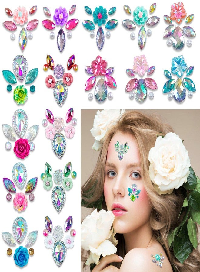 Face Gems Stickers Women Diamond Forehead Sticker Rhinestones Pearl Spring Theme Flowers Decoration Birthday Festival Party Self-Adhesive DIY Body Fashion Art Decals (A#) - Image 1