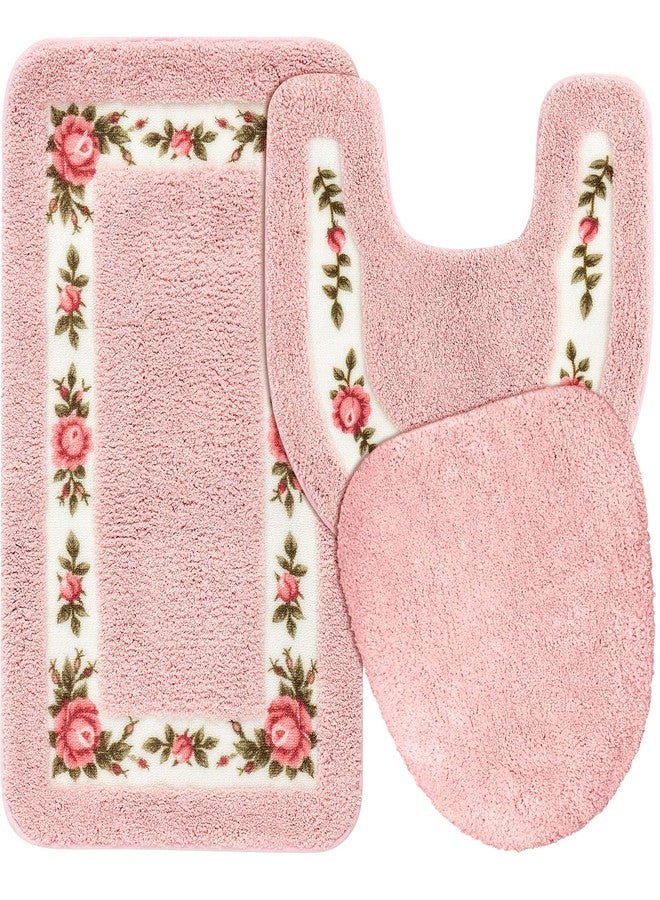 Drydiet 3 Pcs Rose Flowers Bathroom Rugs Set Coquette Room Decor Floral Bath Mat U Shaped Toilet Rug Non Slip Absorbent Floral Bath Carpet(Pink) - Image 1