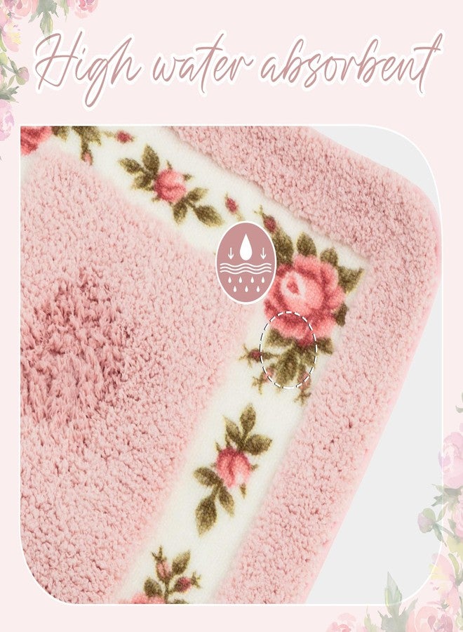 Drydiet 3 Pcs Rose Flowers Bathroom Rugs Set Coquette Room Decor Floral Bath Mat U Shaped Toilet Rug Non Slip Absorbent Floral Bath Carpet(Pink) - Image 4