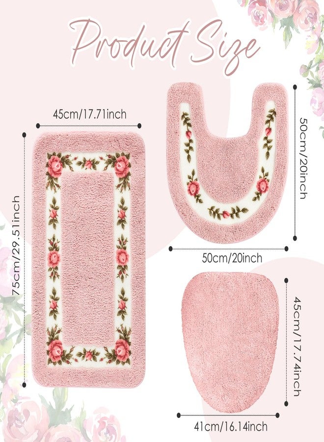 Drydiet 3 Pcs Rose Flowers Bathroom Rugs Set Coquette Room Decor Floral Bath Mat U Shaped Toilet Rug Non Slip Absorbent Floral Bath Carpet(Pink) - Image 2