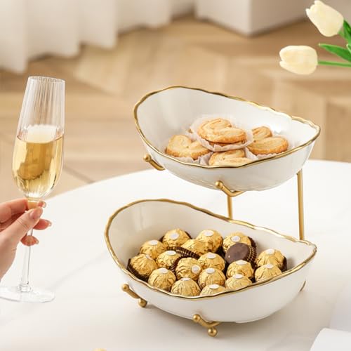 HOMKULA 2 Tier Ceramic Fruit Bowl for Kitchen Counter, Tiered Fruit Basket for Countertop, Modern Multi Layer Fruit Display Stand for Party, Cute & Smal (Gold-rimmed) - Image 5