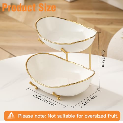 HOMKULA 2 Tier Ceramic Fruit Bowl for Kitchen Counter, Tiered Fruit Basket for Countertop, Modern Multi Layer Fruit Display Stand for Party, Cute & Smal (Gold-rimmed) - Image 3