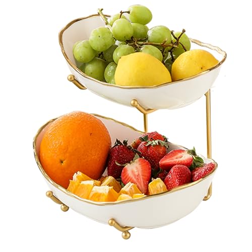 HOMKULA 2 Tier Ceramic Fruit Bowl for Kitchen Counter, Tiered Fruit Basket for Countertop, Modern Multi Layer Fruit Display Stand for Party, Cute & Smal (Gold-rimmed) - Image 1