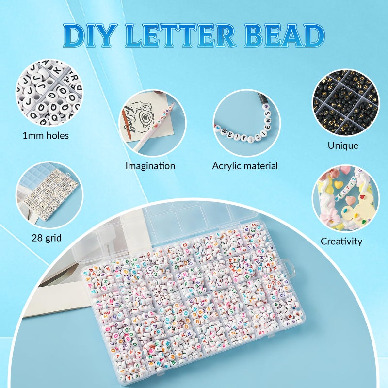Weiyiziens 1400pcs Letter Beads, 4x7 mm Acrylic Alphabet Beads, Beads for Jewelry and Bracelet Making, in 28 Grid Box (White and Black) - Image 2