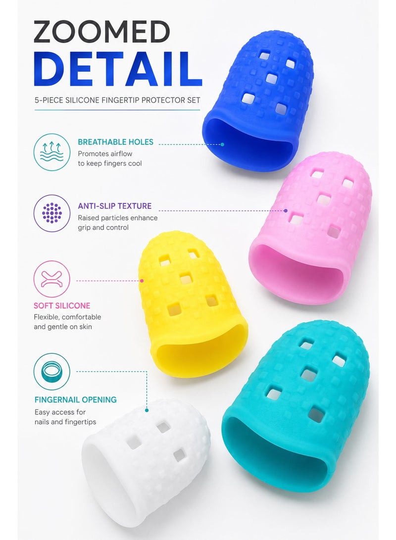 5 PCS Silicone Fingertip Protectors – Multicolor Breathable Finger Caps for Guitar Playing, Sewing, Paper Counting, Crafting & Hand Protection - Image 2