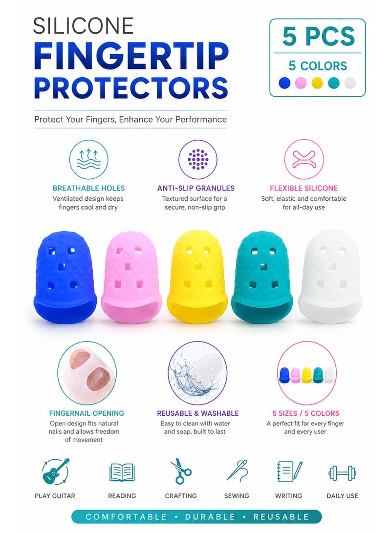 5 PCS Silicone Fingertip Protectors – Multicolor Breathable Finger Caps for Guitar Playing, Sewing, Paper Counting, Crafting & Hand Protection - Image 3