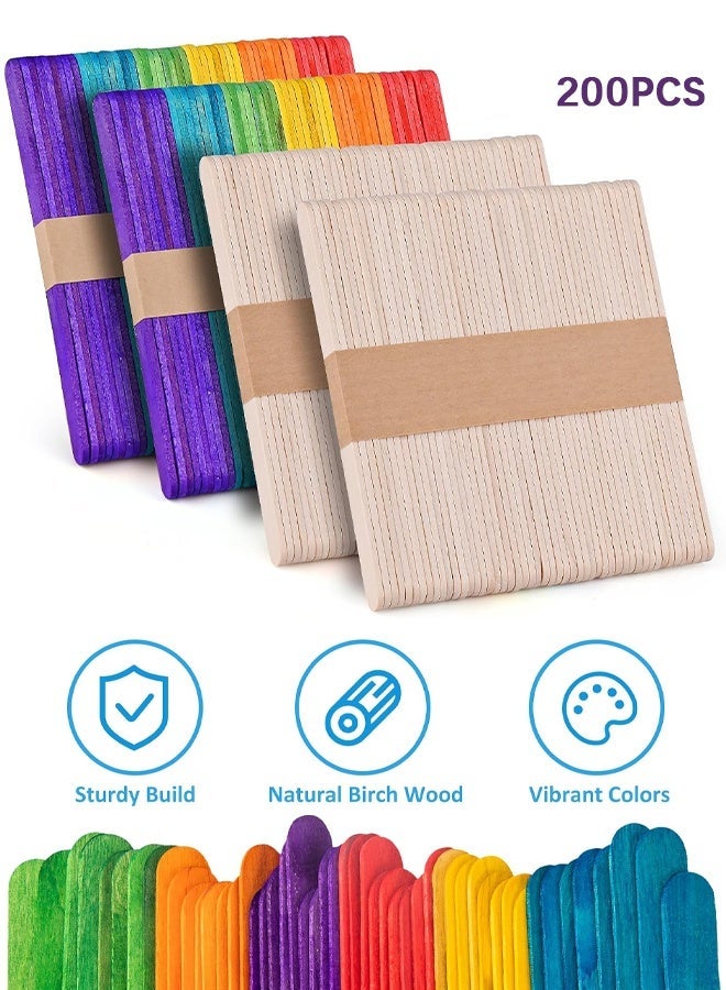 Wffo 200 Piece Multicolor Popsicle Sticks (4.5 Inch), Premium Natural Organic Wood for Waxing, Craft Project, Tongue Depressor, Popsicle, Ice Cream Stick,Woodcraft, Paint Stirrer and Art - Color / Wood - Image 1
