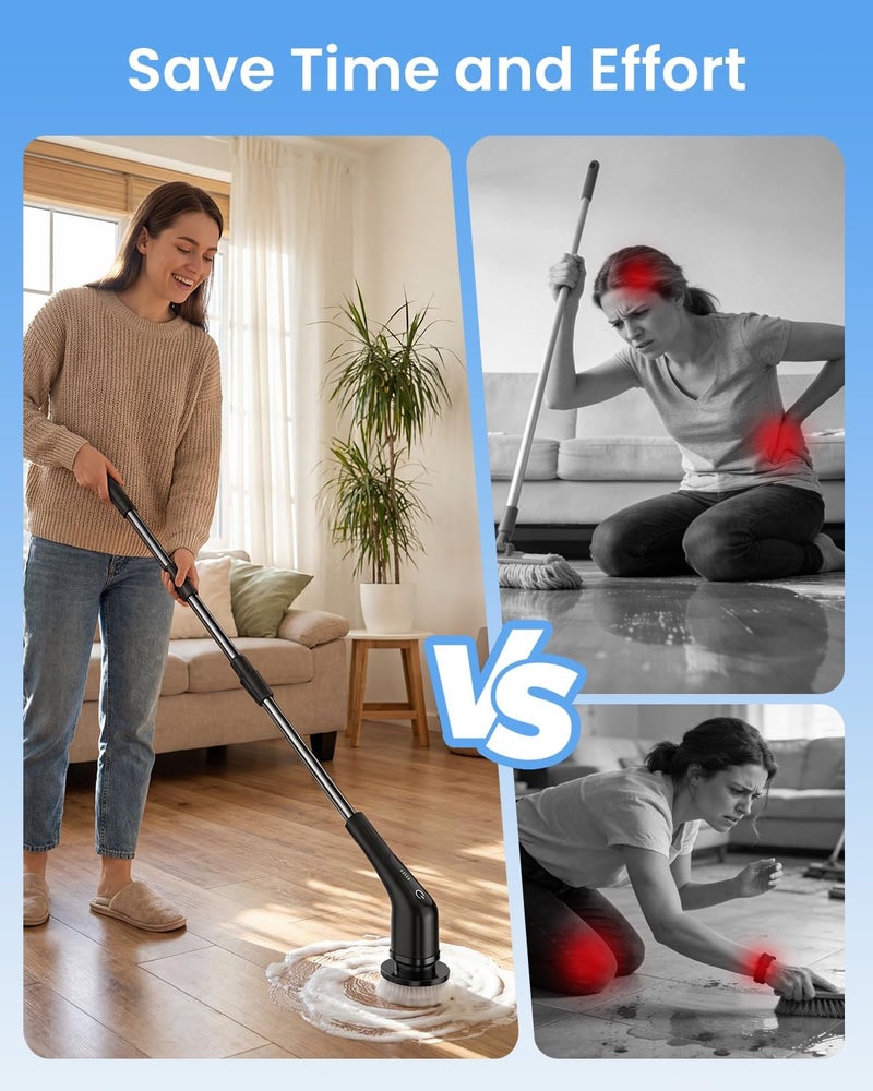 Leebein Electric Spin Scrubber, 2026 New Cordless Cleaning Brush Bathroom Scrubber, IPX7 Waterproof Shower Scrubber with 7 Brush Heads, Extendable Long Handle and 2 Speeds Scrubber for Bathtub Floor - Image 3
