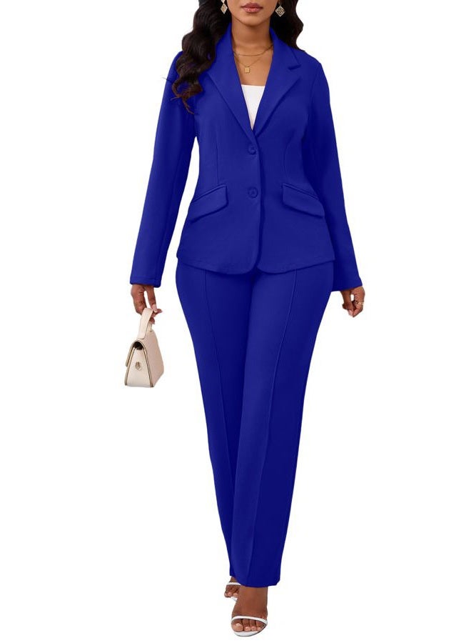 Kafiloe Women Suits 2 Piece Set Long Sleeve Blazer Pants Suit Dressy Pantsuits Business Casual Outfits, Royal Blue, XL - Image 1