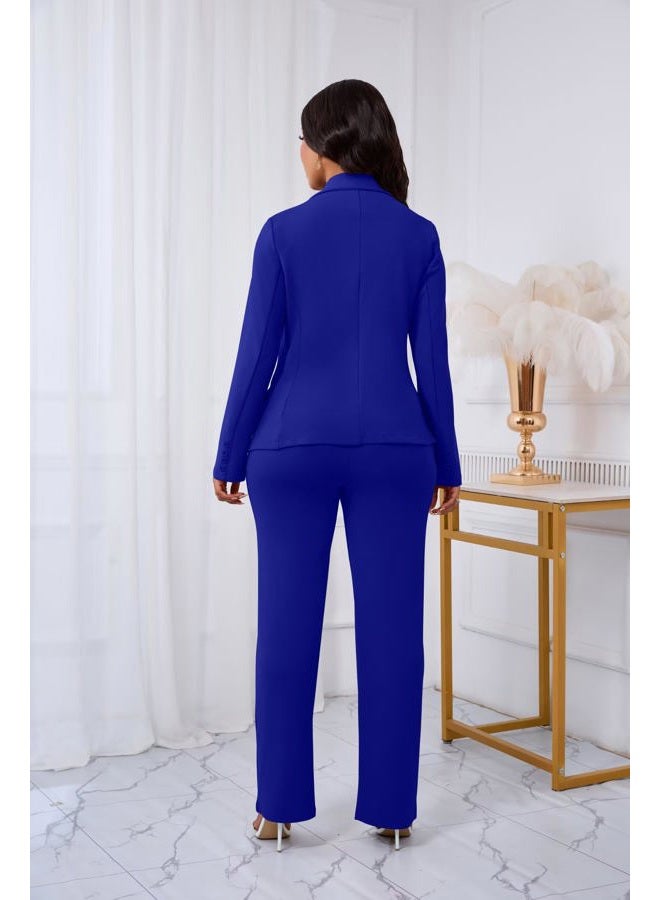 Kafiloe Women Suits 2 Piece Set Long Sleeve Blazer Pants Suit Dressy Pantsuits Business Casual Outfits, Royal Blue, XL - Image 4