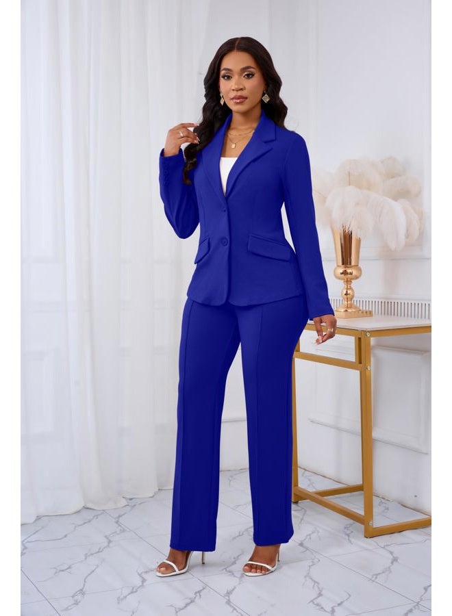 Kafiloe Women Suits 2 Piece Set Long Sleeve Blazer Pants Suit Dressy Pantsuits Business Casual Outfits, Royal Blue, XL - Image 2