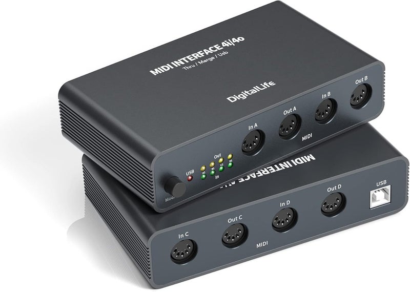 صندوق واجهة USB MIDI ديجيتال لايف Quad I/O Pro 4x4 – دمج/تمرير/مقسم DIN بـ 5 دبابيس، هيكل معدني مع 8 مؤشرات LED للكيبوردات، المركبات، آلات الطبول والأداء الحي | UMB06-B - Image 1