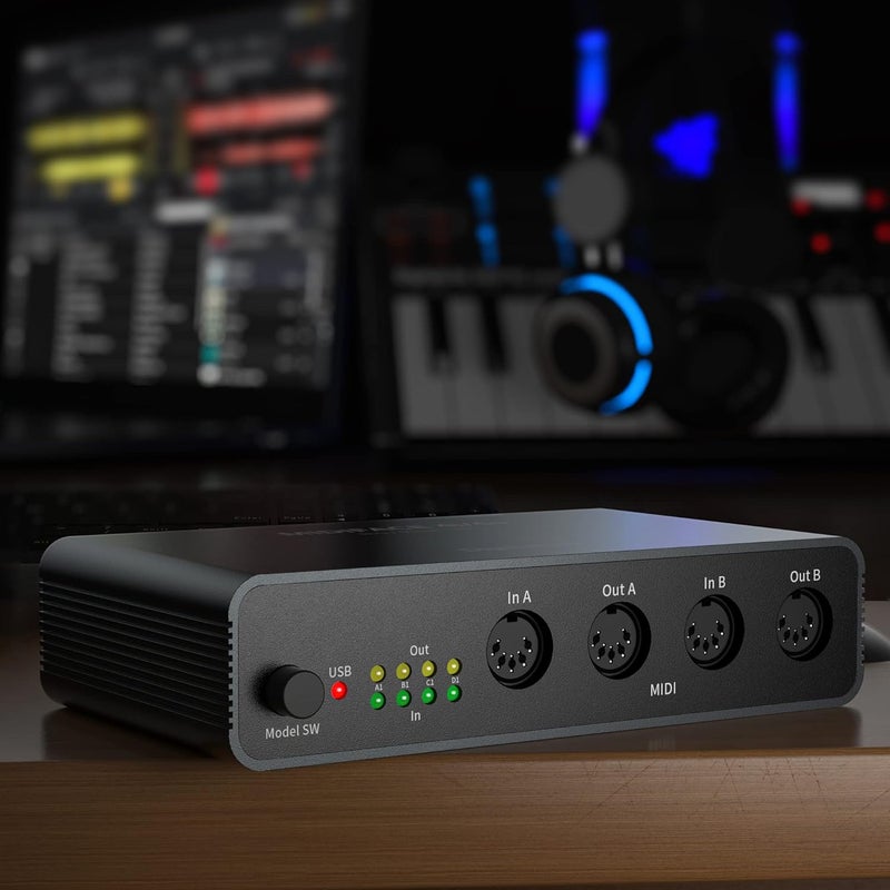 صندوق واجهة USB MIDI ديجيتال لايف Quad I/O Pro 4x4 – دمج/تمرير/مقسم DIN بـ 5 دبابيس، هيكل معدني مع 8 مؤشرات LED للكيبوردات، المركبات، آلات الطبول والأداء الحي | UMB06-B - Image 4