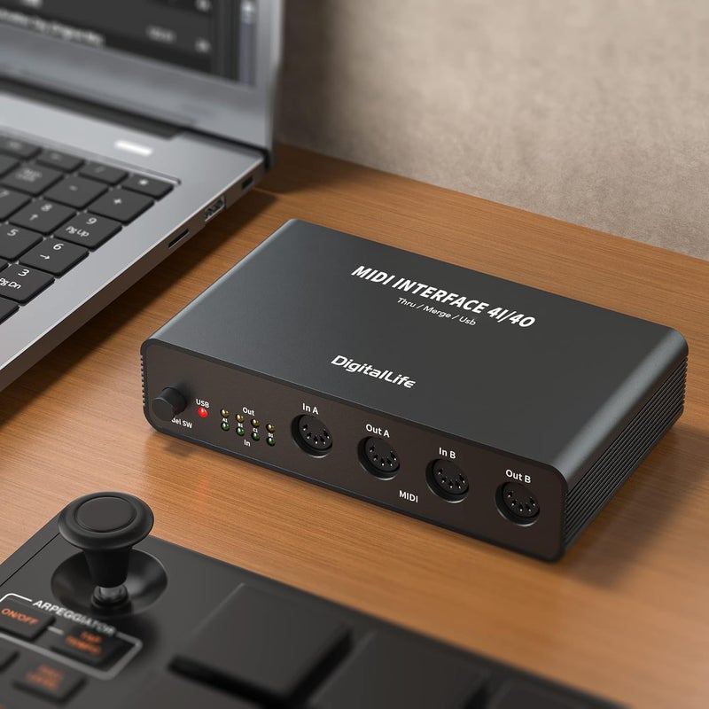 صندوق واجهة USB MIDI ديجيتال لايف Quad I/O Pro 4x4 – دمج/تمرير/مقسم DIN بـ 5 دبابيس، هيكل معدني مع 8 مؤشرات LED للكيبوردات، المركبات، آلات الطبول والأداء الحي | UMB06-B - Image 3
