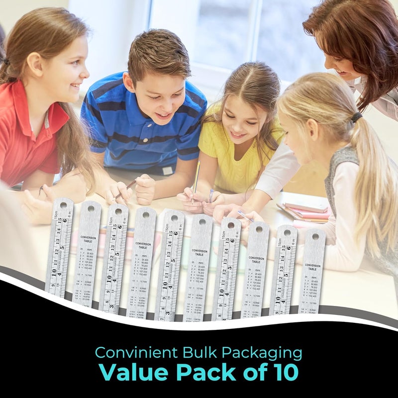 NOKKO Metal Ruler 6 Inch - Pack of 10 - Stainless Steel Ruler Set with Straight Edge Rulers - Precise Metric & Imperial Measurements - Ideal for School, Office, Woodworking & Craft Projects - Image 5