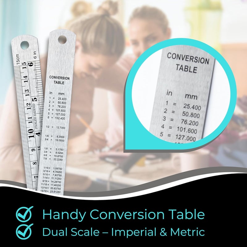 NOKKO Metal Ruler 6 Inch - Pack of 10 - Stainless Steel Ruler Set with Straight Edge Rulers - Precise Metric & Imperial Measurements - Ideal for School, Office, Woodworking & Craft Projects - Image 4
