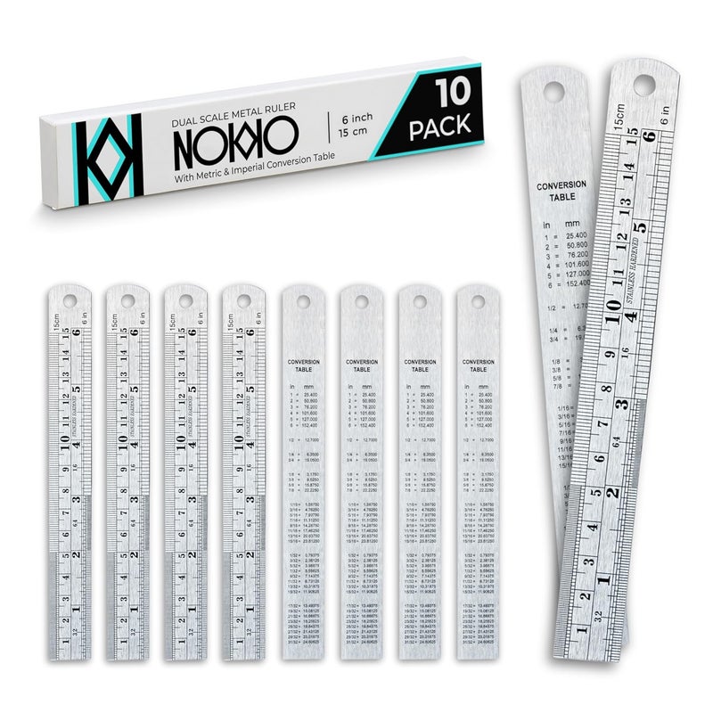 NOKKO Metal Ruler 6 Inch - Pack of 10 - Stainless Steel Ruler Set with Straight Edge Rulers - Precise Metric & Imperial Measurements - Ideal for School, Office, Woodworking & Craft Projects - Image 1
