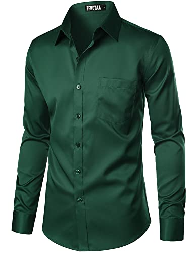 ZEROYAA Men's Urban Stylish Casual Business Slim Fit Long Sleeve Button Up Dress Shirt with Pocket ZLCL29-Dark Green Large - Image 2