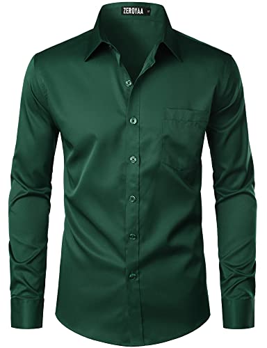 ZEROYAA Men's Urban Stylish Casual Business Slim Fit Long Sleeve Button Up Dress Shirt with Pocket ZLCL29-Dark Green Large - Image 1