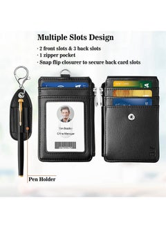 ELV Badge Holder With Zipper And Lanyard Pu Leather Id Badge Card Holder Wallet With 5 Card Slots Rfid Blocking Pocket Adjustable Detachable Neck Lanyard With Keychain And Pen Holder  - Image 2