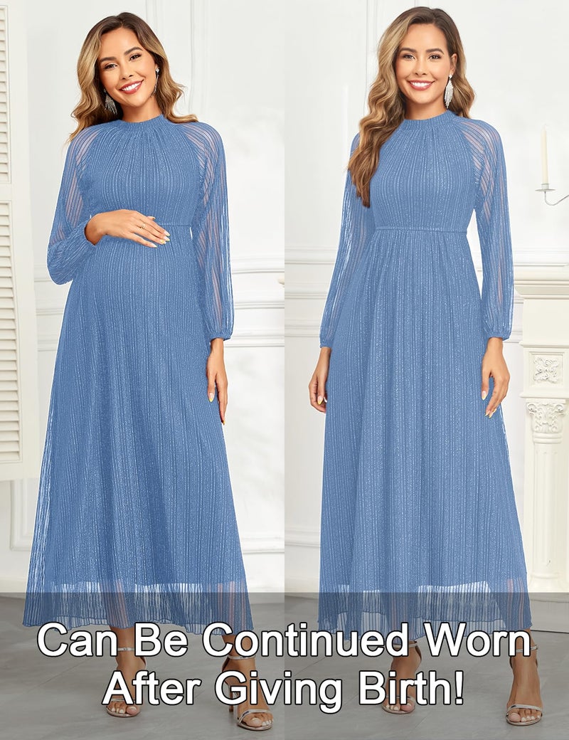 AISWI Maternity Sparkly Dress Halter Neck A Line Long-Sleeve Raglan Pregnancy Dresses Semi Formal Baby Shower Photoshoot, Blue, Medium - Image 4