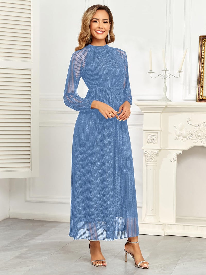 AISWI Maternity Sparkly Dress Halter Neck A Line Long-Sleeve Raglan Pregnancy Dresses Semi Formal Baby Shower Photoshoot, Blue, Medium - Image 5