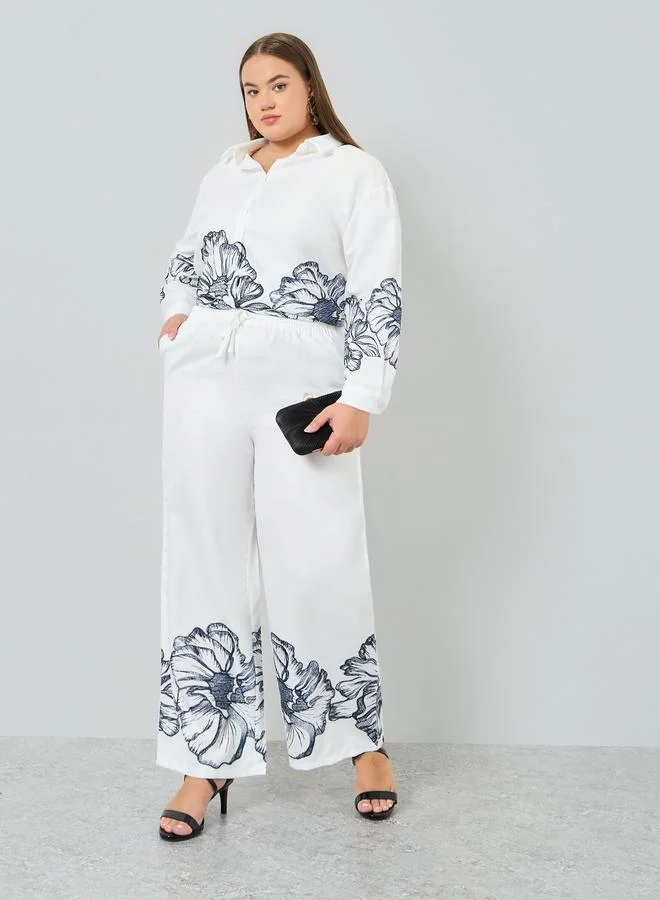 Styli Plus Size Off White Floral Wide Leg Trousers