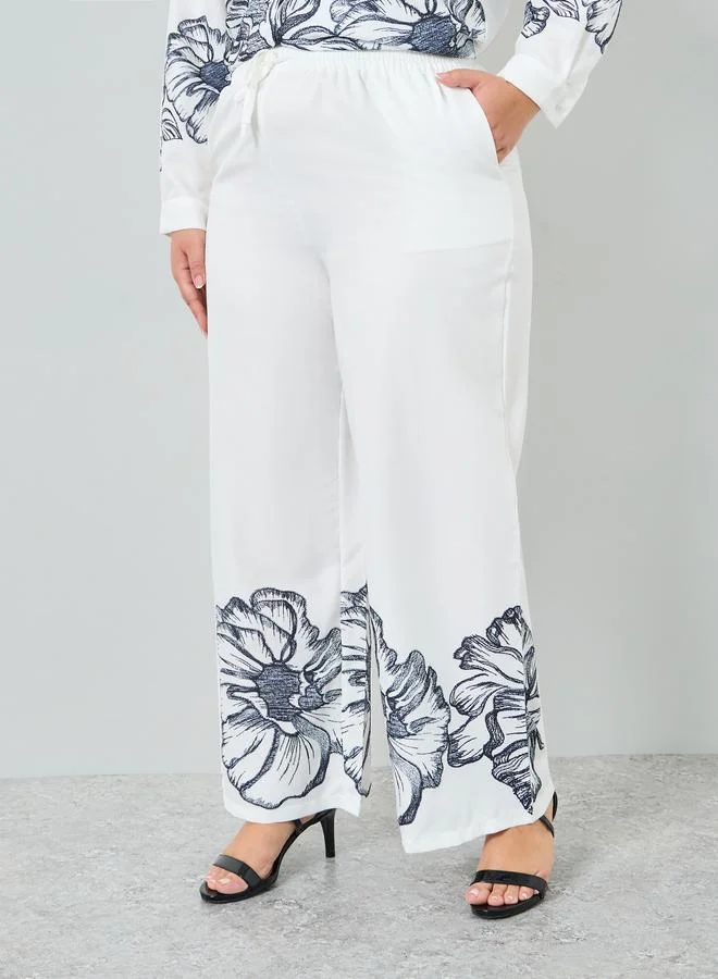 Styli Plus Size Off White Floral Wide Leg Trousers