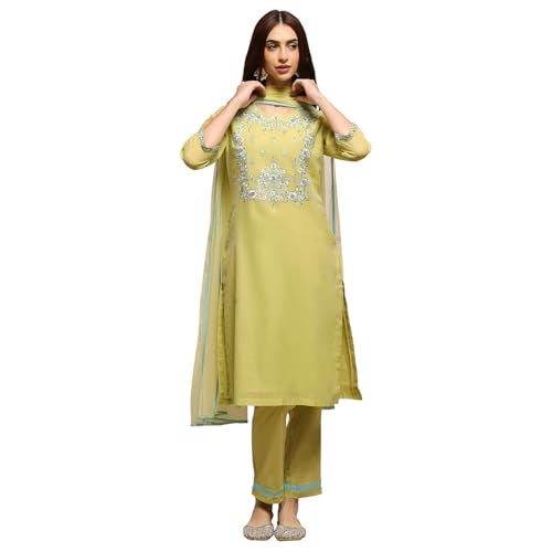 Biba WOMEN YARNDYED NARROW SALWAR KURTA DUPATTA(SKD7456E_SAGE GREEN_32) - Image 1