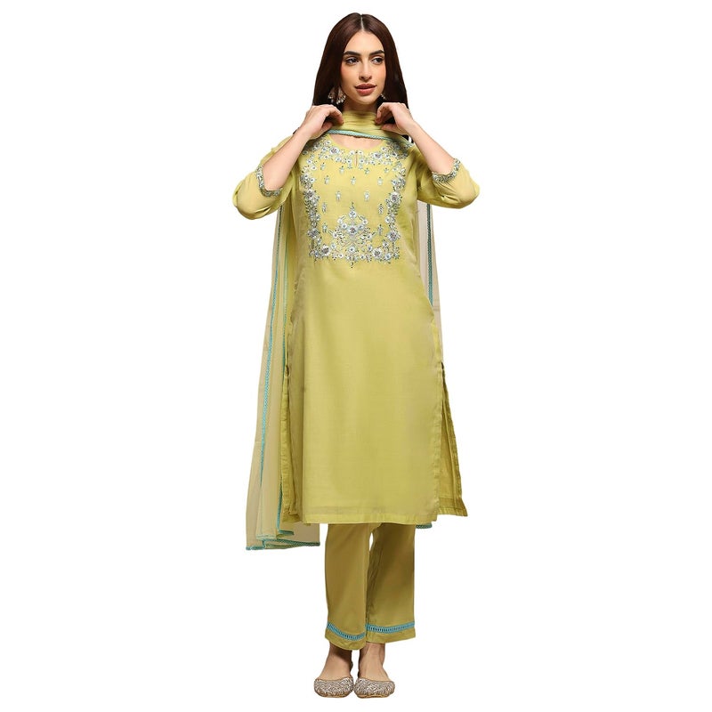 Biba WOMEN YARNDYED NARROW SALWAR KURTA DUPATTA(SKD7456E_SAGE GREEN_32) - Image 4