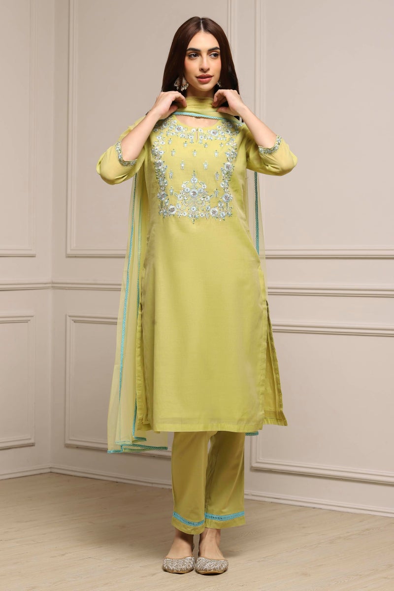 Biba WOMEN YARNDYED NARROW SALWAR KURTA DUPATTA(SKD7456E_SAGE GREEN_32) - Image 5