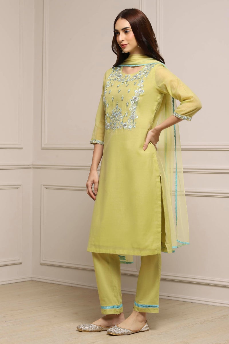 Biba WOMEN YARNDYED NARROW SALWAR KURTA DUPATTA(SKD7456E_SAGE GREEN_32) - Image 3