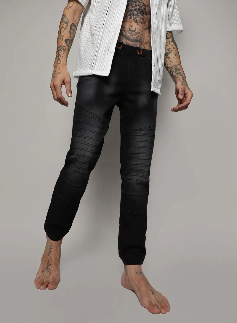 Men's Black Self-Design Cinched Hem Denim Jeans