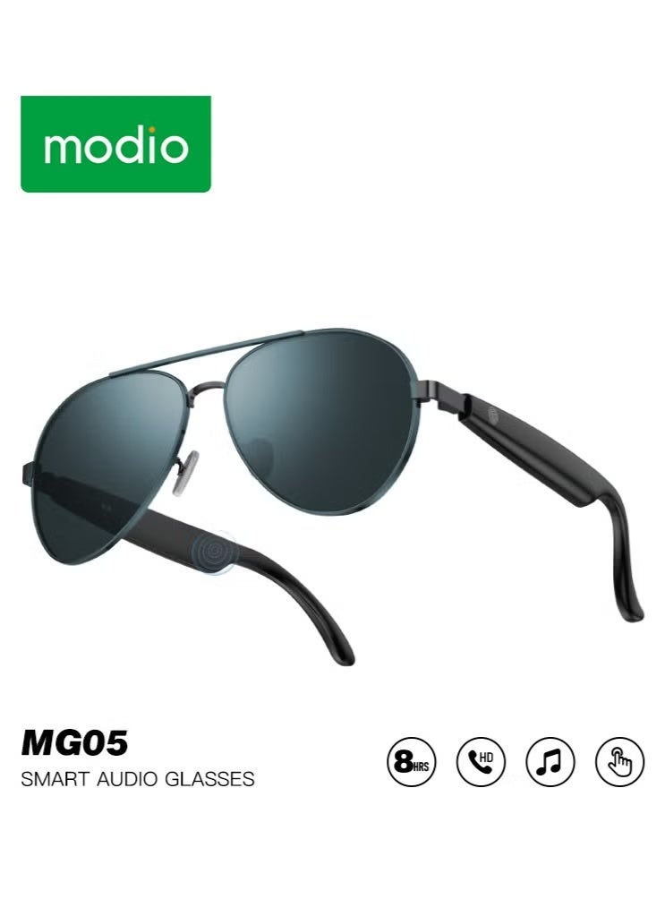 موديو Modio MG05 Smart Audio Glasses in Silver with Bluetooth Speakers & UVB Protection | Open-Ear Wireless Music & Call Function | Lightweight Smart Wearable Eyewear with Multifunction Touch Controls | Stylish Sunglasses for Men & Women, Ideal for Daily Use - Image 1