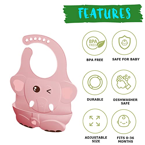 GUCHIGU Waterproof Silicone Baby Bib for Feeding Babies and Toddlers, Unisex Set of 2 Silicon Baby Feeding Bibs for Infants and Toddlers 4M to 4Yr Cute Printing with Rice Pocket (Pink, Set of 1) - Image 2