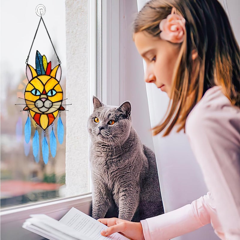 BOXCASA Orange Cat Decor Stained Glass Window Hangings,Cat Suncatcher for Window Indian Feathers Decoration,Funny Cat Decor Gifts for Cat Lovers,Cat Themed Gifts for Women - Image 3