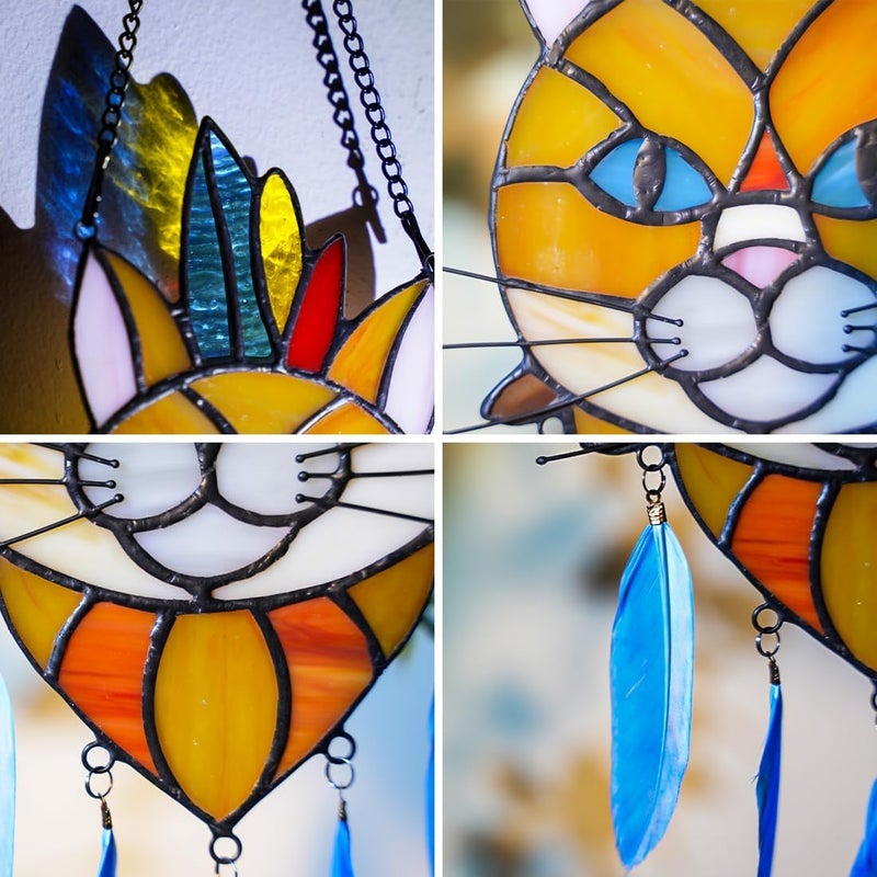 BOXCASA Orange Cat Decor Stained Glass Window Hangings,Cat Suncatcher for Window Indian Feathers Decoration,Funny Cat Decor Gifts for Cat Lovers,Cat Themed Gifts for Women - Image 2